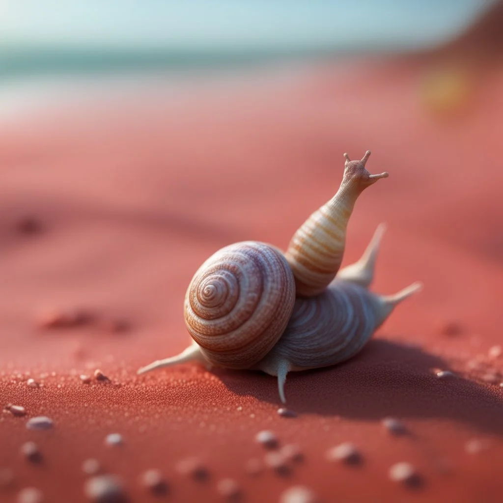 elongated gremlin female snail witch on a red sand beach ,bokeh like f/0.8, tilt-shift lens 8k, high detail, smooth render, down-light, unreal engine