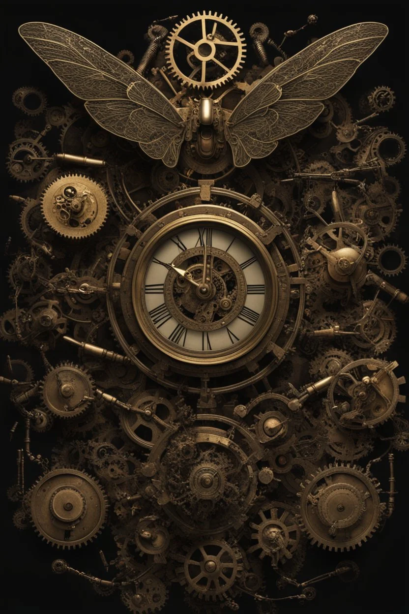 steampunk clock surrounded by cogs and springs, metal insects with wings, black background