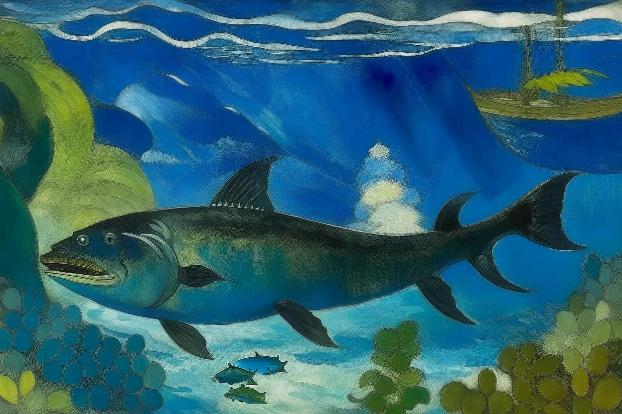 A blue ocean with barracuda painted by Paul Gauguin