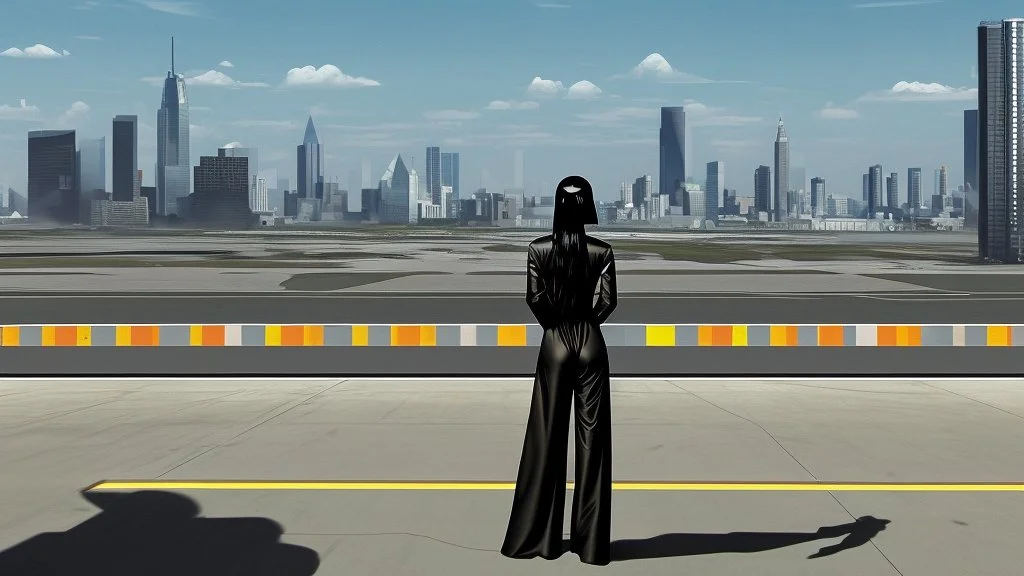 Tall thin woman, with straight black hair, dressed in a camouflaged jumpsuit, looking out from the rear of a futuristic aircar, on a tarmac runway, with a city skyline in the distance