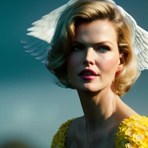 Eva Herzigova has angel wings. She has beautiful eyes, Her hair flies in the air. with yellow flowers for hair, closed eyes, rtx, reflection, 8k, glow, winning photography, caustics