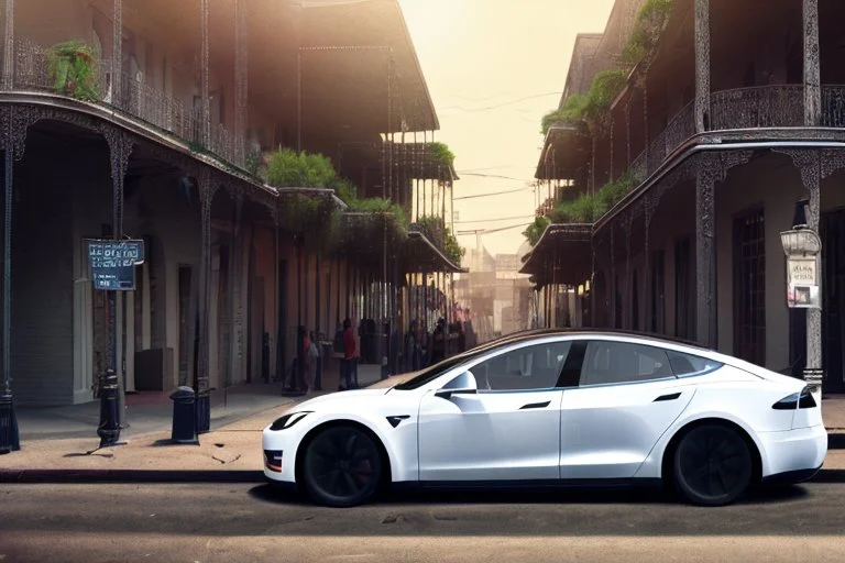 A Tesla 'Model S' is parked, on the streets of New Orleans. (CINEMATIC, WIDE ANGLE LENS, PHOTO REAL)