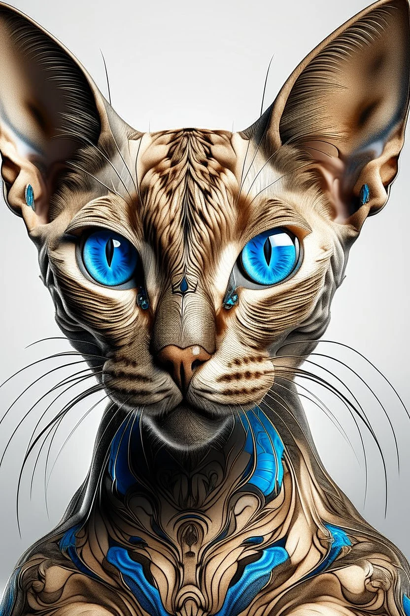 A stunning, hyper-detailed digital painting of a Siamese cat, transformed into a mesmerizing fusion of feline and human elements. The cat's eyes are striking blue orbs with a slit pupil, set on a face that exudes natural curiosity. Its body is a combination of cream, tan, and grey, with a distinct wrinkled texture and hairless appearance. Superimposed onto a human body, the cat has remarkably large, bat-like ears. The heavily tattooed neck features a banner with the words "Bad Kitty" in stylized