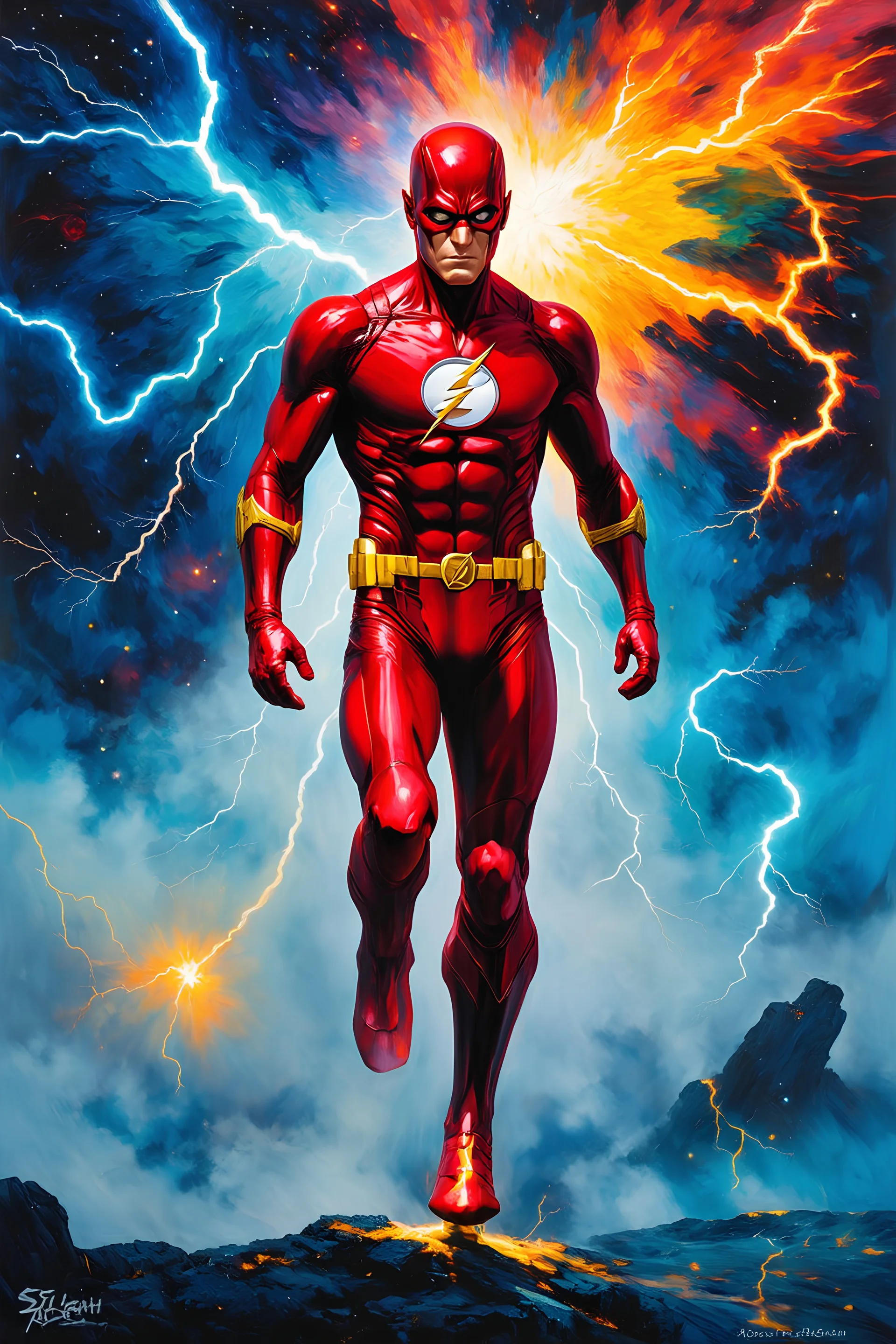 the Flash, oil on canvas, extremely colorful, foggy in the foreground, multicolored lightning and outer space in the background, in the art style of Gerald Brom