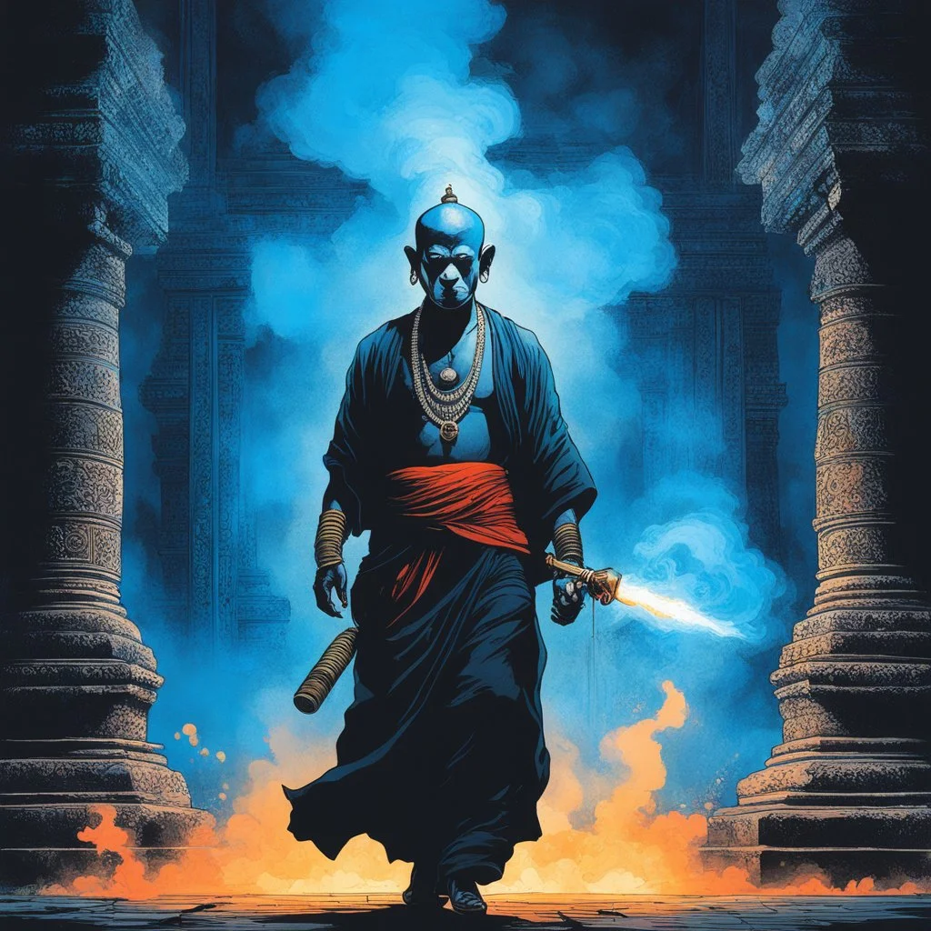 [art by Dorohedoro] Gangster-turned-Monk at Angkor Wat with a phantom of Ganesha floating around him in a blue radioactive smoke