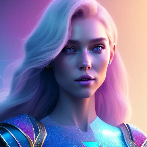 A portrait of a full body crystalised blue pink queen,smiling face, blue eyes, long blond hair, atmospheric, realistic, unreal engine, lighting