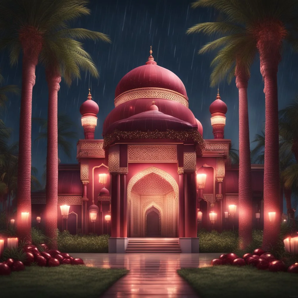 Hyper Realistic beautiful maroon decorated mosque with garland lights & sky lanterns at rainy night with palm trees & grass patches