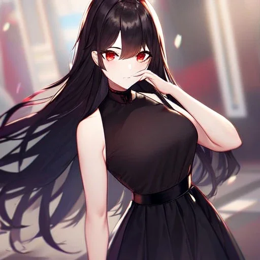 Clear focus,High resolution, black long hair, Vibrant red eyes, Emo style, Black skirt, wearing a black shirt sleeveless, Wearing black and red cutsleeves, Hand near chin