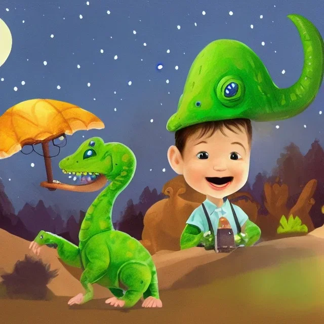 1yo little szymon is on safari onthe moon. petting a green dinosaur. he has big binoculars and a funny hat. High detailed. Cinematic. Digital painting. Warm lights.