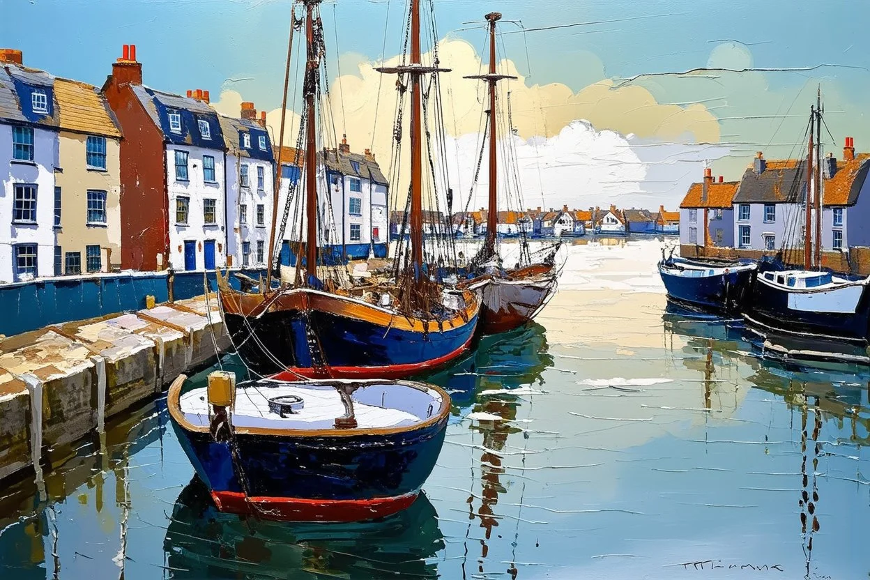 English fishing port in the style of Ian Fennelly