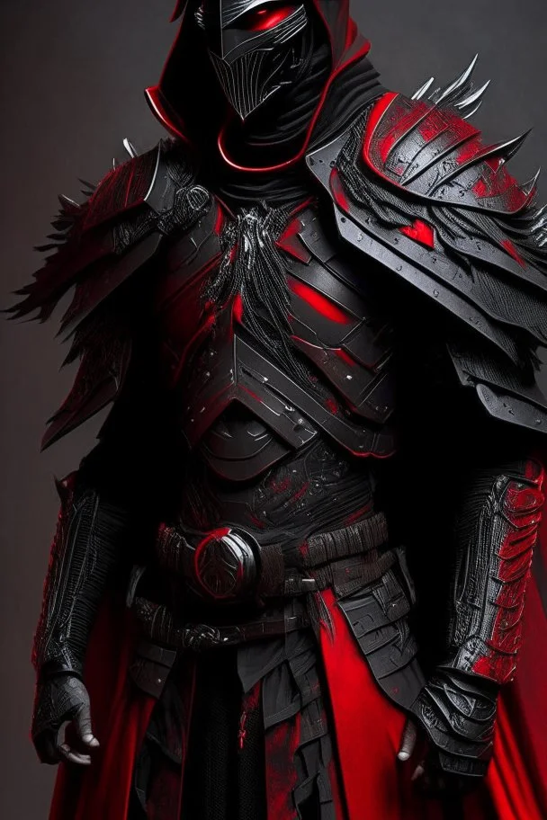 a man modern in military science fiction armor, the armor must be made of spiritual fabric, black and red. a fabric similar to that worn by men of the witch church of the past.