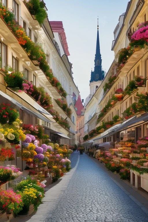 Flower store in the foreground of street in Vienna Austria