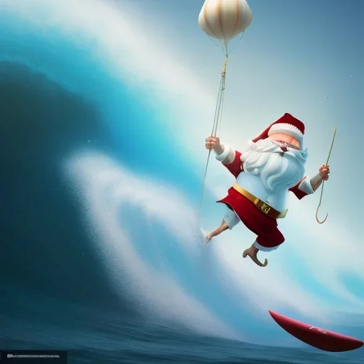 Santa surfing a big wave, surfboard, beach, character design by cory loftis, fenghua zhong, ryohei hase, ismail inceoglu and ruan jia. unreal engine 5, artistic lighting, highly detailed, photorealistic, fantasy