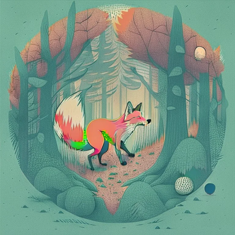 Perfect round ball fox playing inside a forest, 2d flat illustration style, mono, 6 colors max