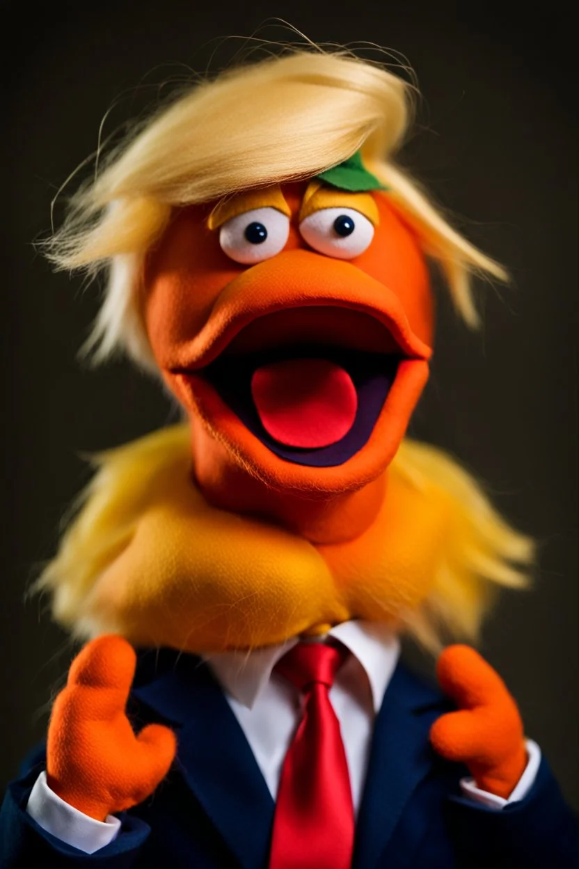 a Film Photograph of a realistic angry orange Donald Trump Muppet made of felt and fur wearing a dark blue suit and red tie and with blonde hair combover, he is old and angry with a round mouth