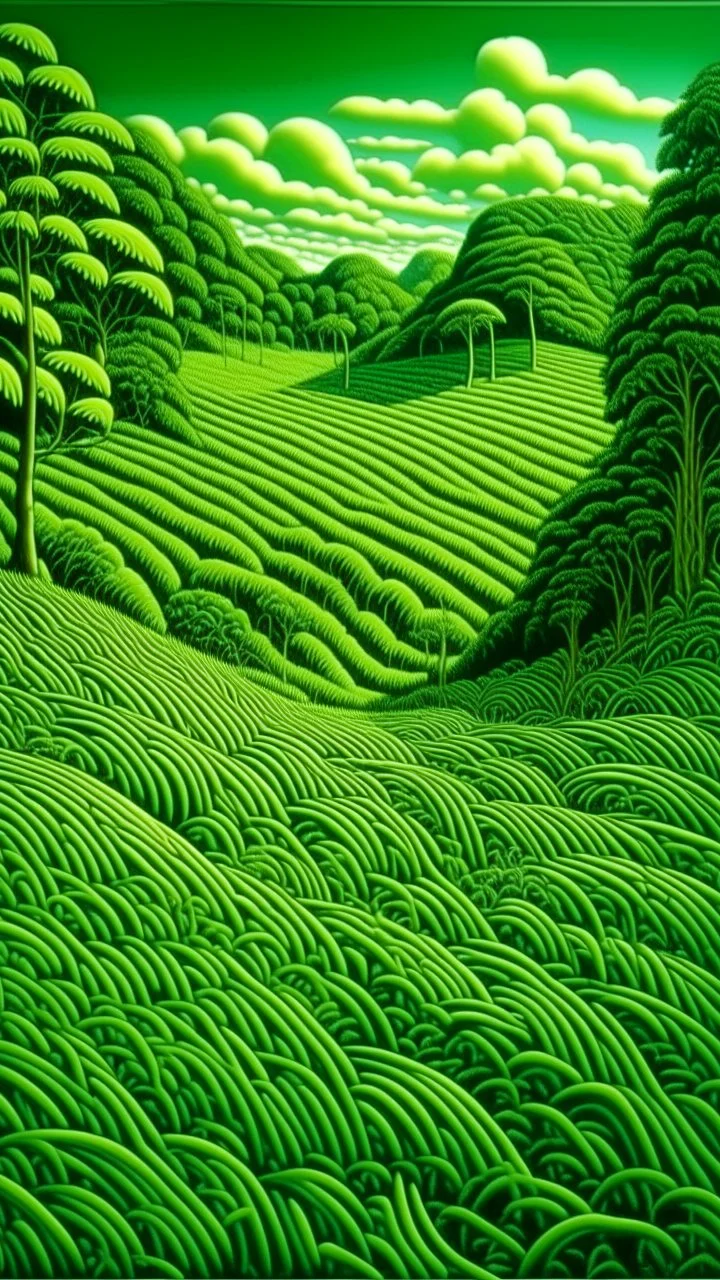 A green grassland near a jungle painted by MC Escher