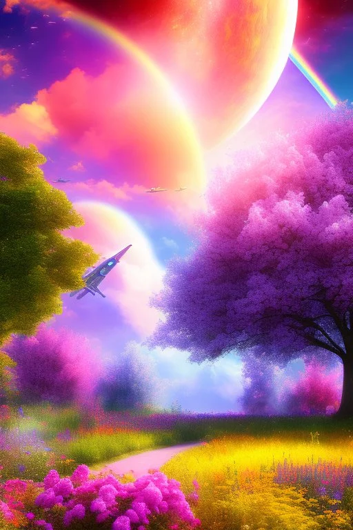 digital illustration, a world full of life divine thrill of biological tranquil sky, flowers, spaceship, bright color splashes, high detailed 8 k,ufo rainbow