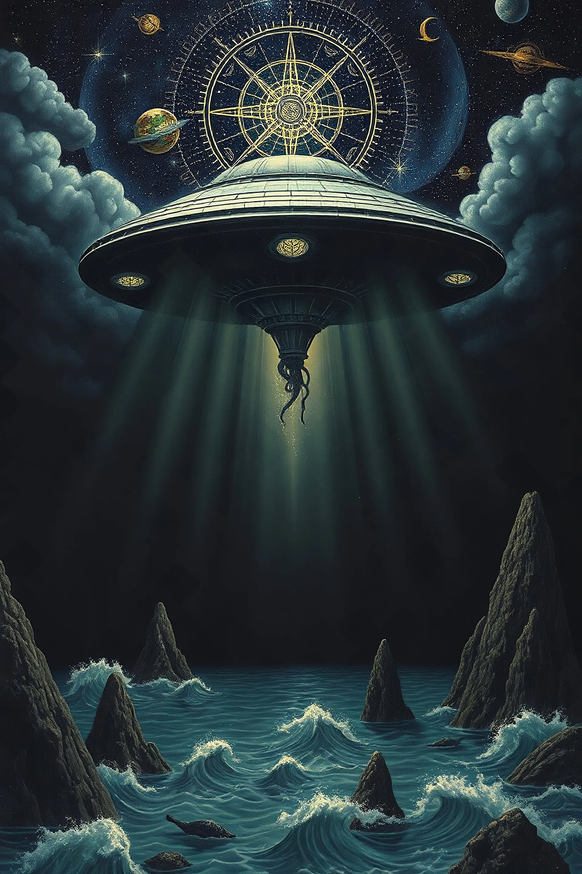 Hieronymus Bosch style nightmare Black kabbalah in the ocean huge ufo spaceship hovering above it