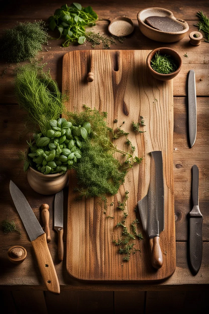 A rustic wooden cutting board, aged oak surface textured with knife marks, surrounded by vintage kitchen tools and fresh garden herbs cascading off the edges, positioned on a rough farmhouse table, ambient warm light casting soft shadows, still life photography, high dynamic range, rich earth tones.