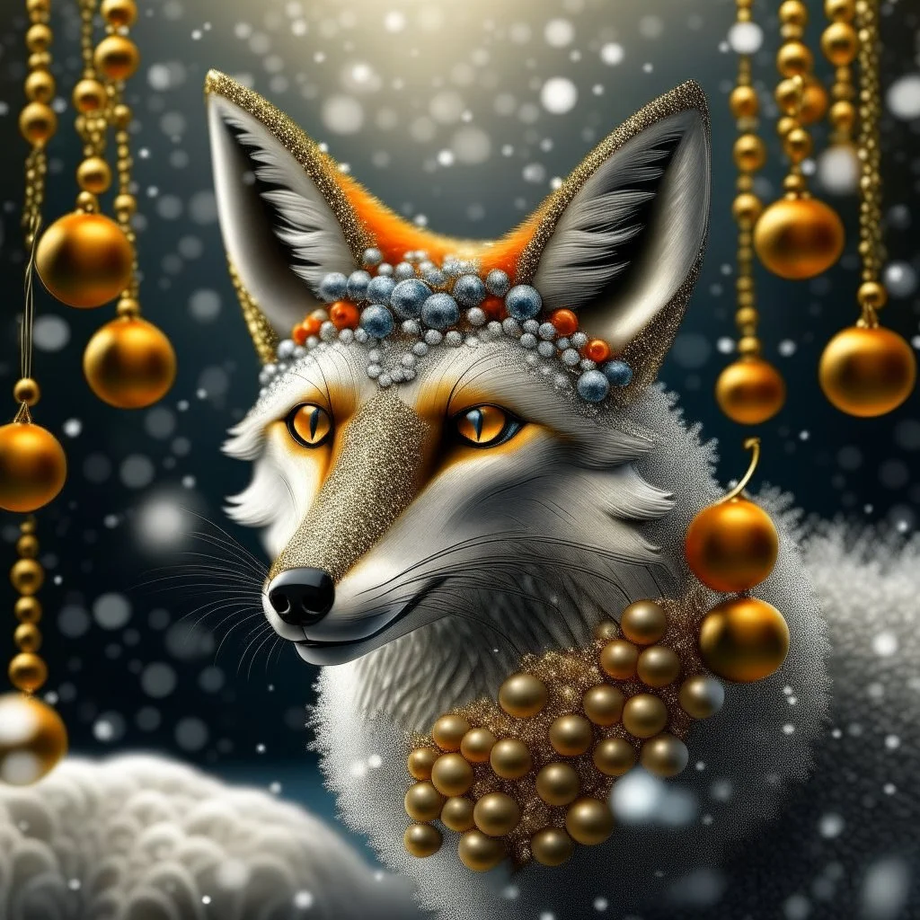 Masterpiece 3D render digital art photostudio quality Just a sprinkle of magic dust, a sprig of berries over a beautiful fox with a bushy tail, backdrop forest winter landscape, insanely beautiful face , silver and gold snow swirl in background, pearls and beads and gold lines