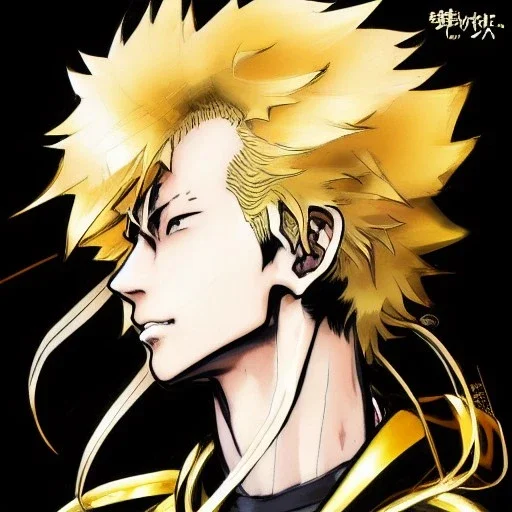 Detailed anime portrait of soulland from my hero academia, gold hair and golden eyes, black suit, intricate details, full body portrait, keep head in frame, slight smile, black Japanese motif, concept art, highly detailed, digital painting, concept art, sharp focus, illustration, art by Yoji Shinkawa, WLOP and greg rutkowski and alphonse mucha and artgerm and yanjun Chen and Junji ito and Makoto Shinkai, HDR, octane render