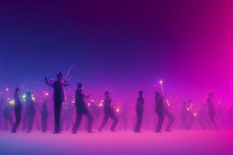 An orchestra playing on stage purple neon color scheme, high key lighting, volumetric light high details psychedelic background