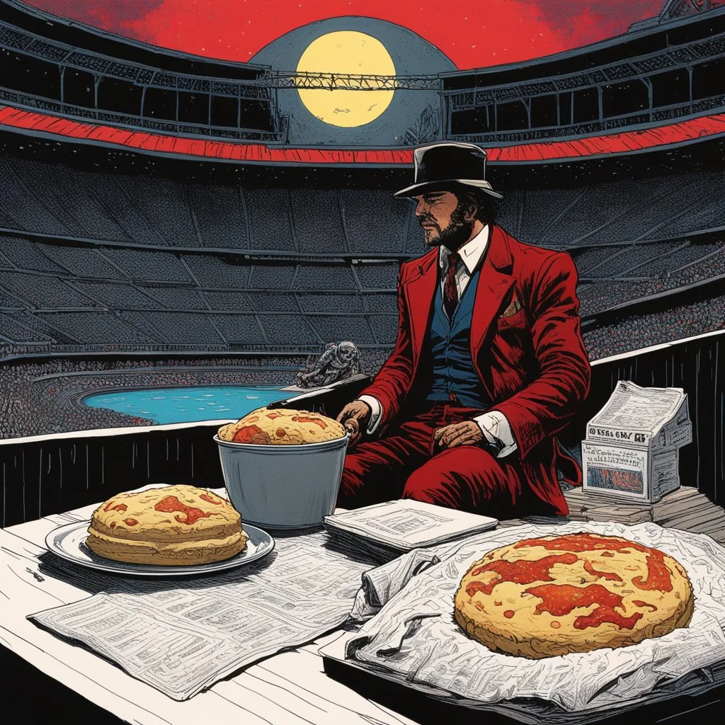 Red Redemption multi-layered sourdough. Fisheye twilight, 1973. Philippe Druillet's disheveled pillows in a faded wool suit. Clutching a crumpled copy of Délirius to his chest while the other hand covers his eyes. Melting cheese: Lone Sloane infinite loop dance. Poised for a bite in a desolate baseball stadium. Raw 35mm film photograph: holding the pivotal image with trembling hands.