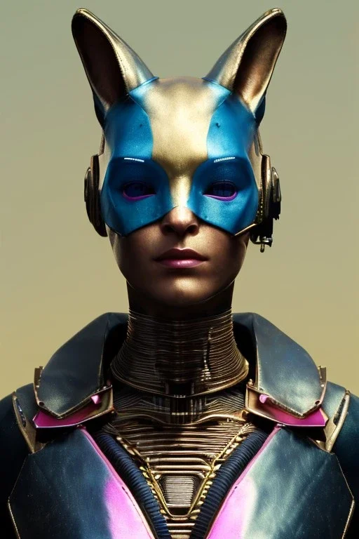 Medium Close Up Portrait, Front image. cyberpunk, rabbit mask, sweet woman, gold hair. Leather suit army. Pink, white, blue, color. Cyborg style. Color background, photo studio. Avatar image, highly detailed, concept art, smooth, unreal engine 5, ray tracing, RTX, lumen lighting, ultra detail, volumetric lighting, 3d, finely drawn, high definition, high resolution.