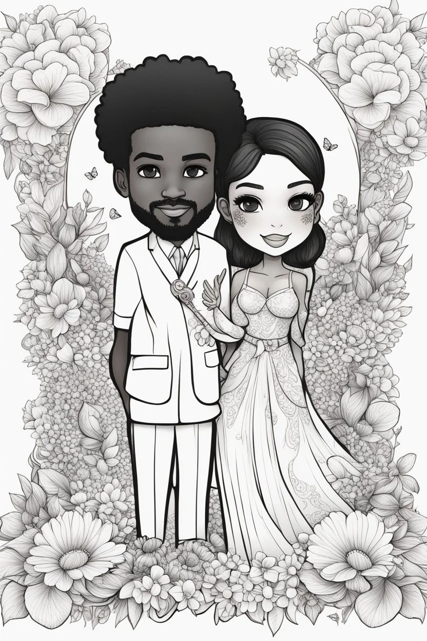 create a outlined coloring page of a chibi black characters of a male and female couple surrounded by flowers. Pay attention to the details of the faces and flowers and the emotions conveyed by the couple. White background, sketch style, half of body, use outline, Mandala style, clean line art, no shadows, no coloring, no shading, no grey.