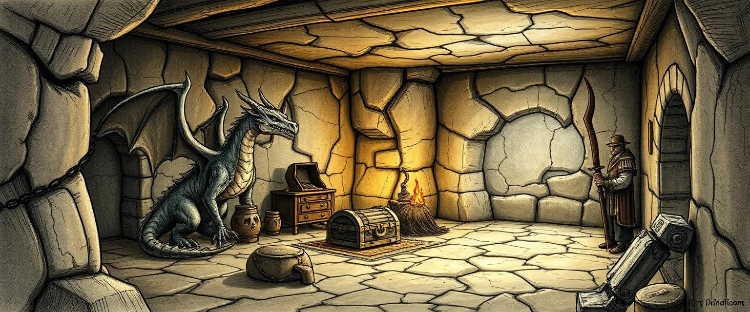 book illustration, realistic artist drawn fantasy map of 4x4 meter room, with a young dragon and an orc captain, and a chest under a table, the room is rough and cavelike, we also see mapping of the corridors around the room