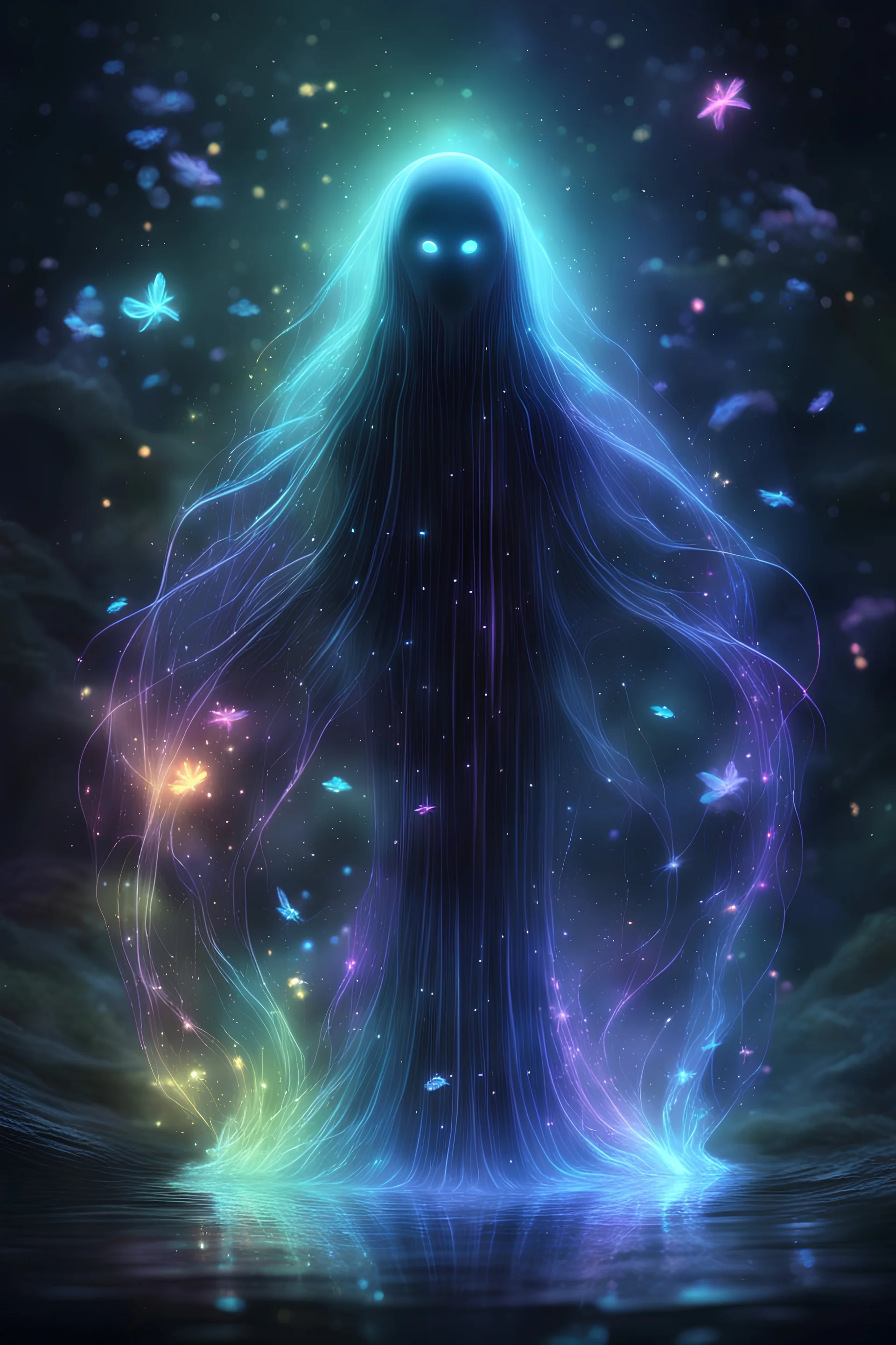 a lonely bioluminiscent transparent (((black ghost))) flowing in a mystical rainbow, fireflies, 8K, HD, intricate details, anime style