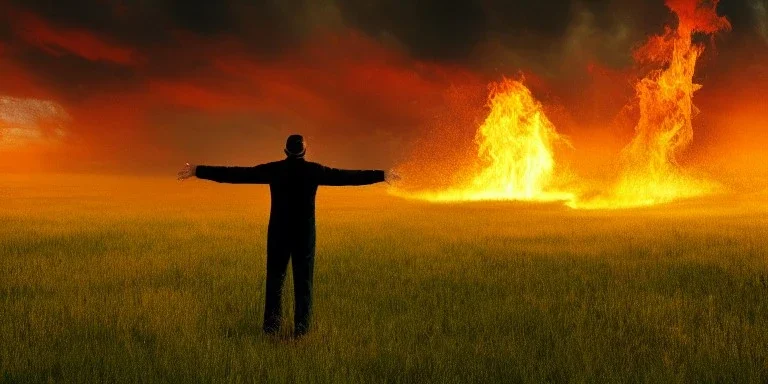 A man on fire standing in a meadow