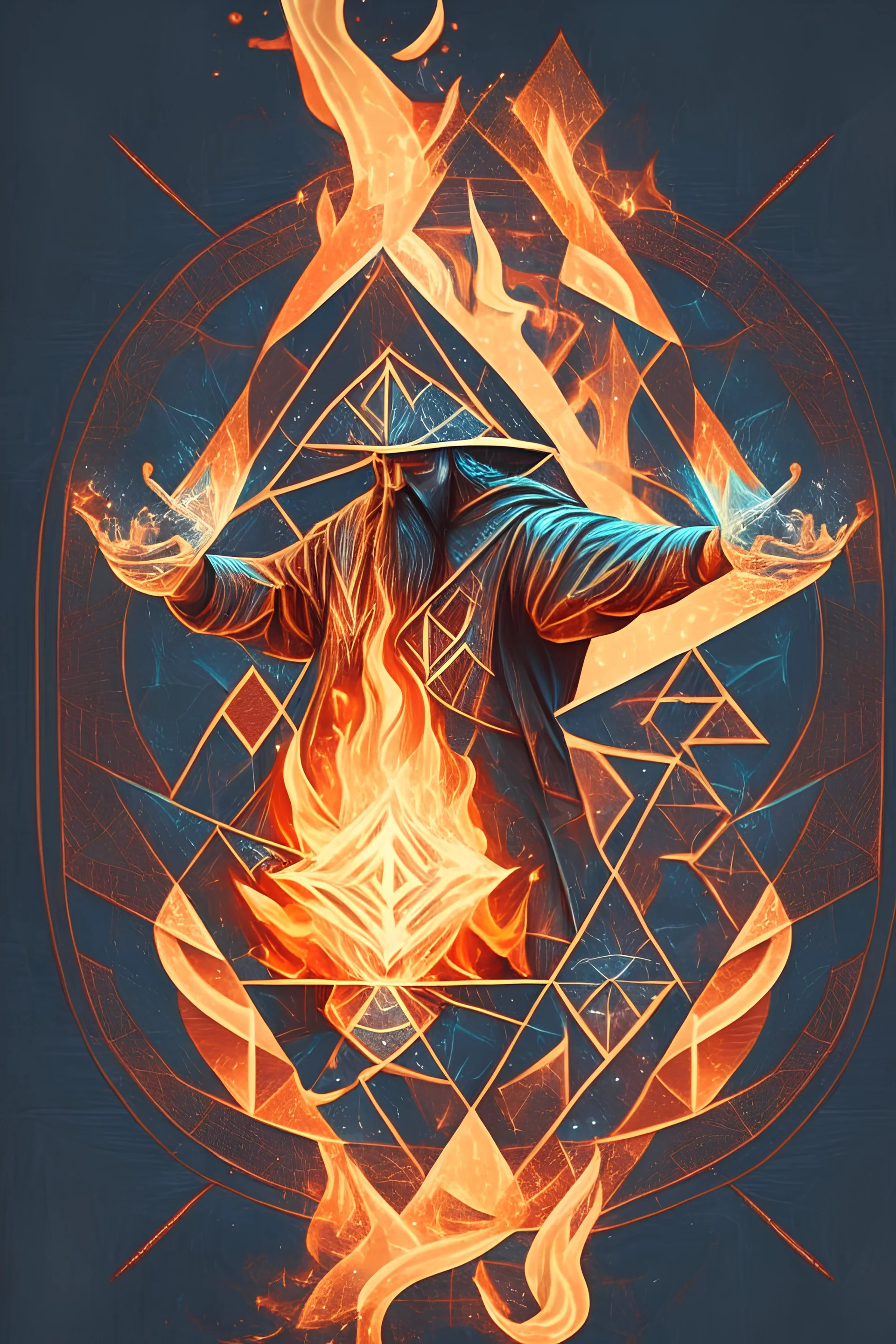 wizard casting a fireball, symmetrical design, texture, geometric shapes