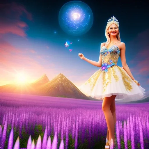 Full body Princess, sexy woman blondie, make up, beautiful smiling face,blue eyes, beautiful place,amazing, flowers, colors, blue and pink butterfly, realistic, photo real, stars night, detailed, high contrast, 8k high definition, unreal engine 5, extremely sharp detail, light effect, light background