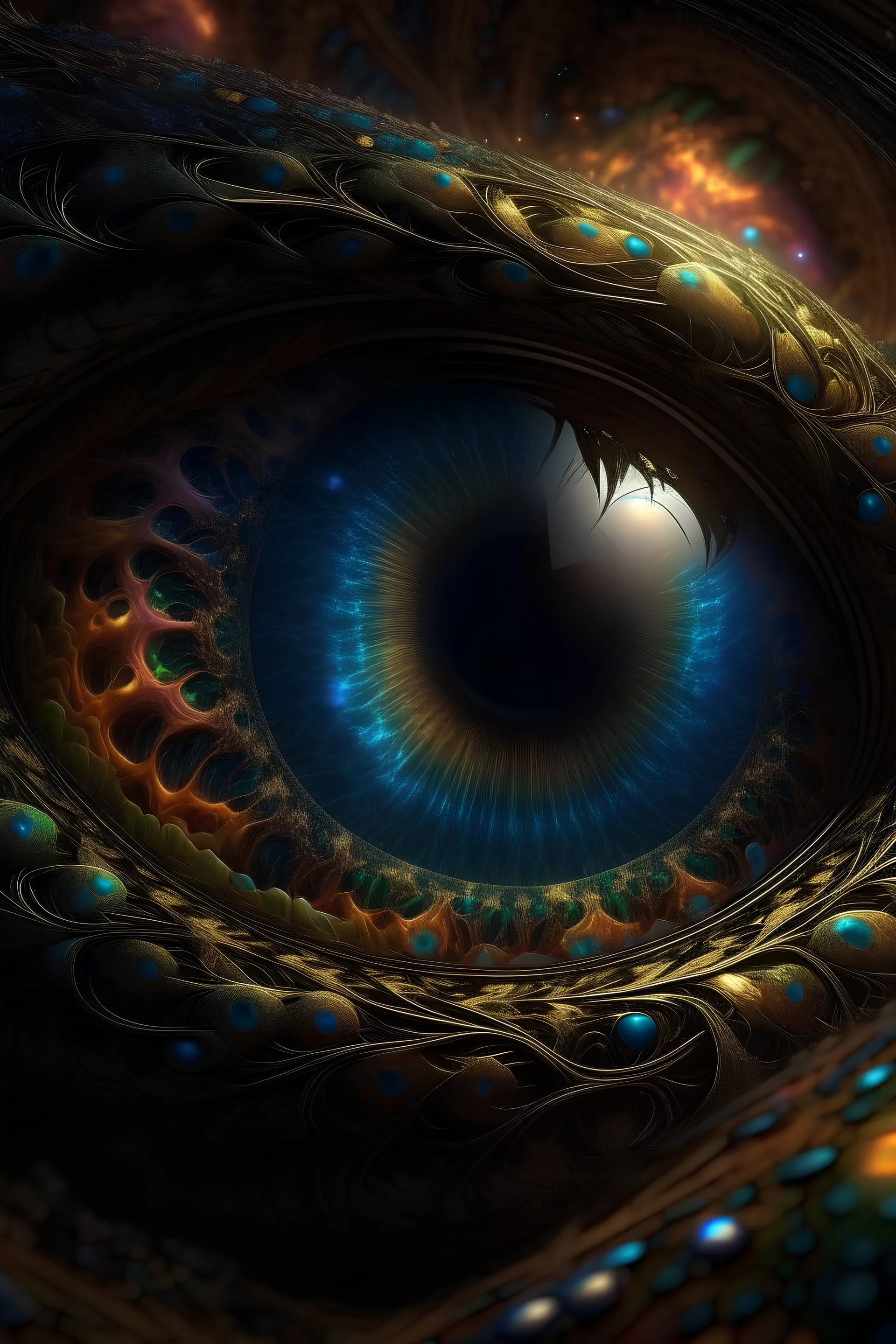 Looking into the eye of a galaxy of the most beautiful intricate fractals swirling going into infinity masterpiece, 8k resolution, dark fantasy concept art, by Greg Rutkowski, lighting,hyperdetailed, intricately detailed, Splash screen art, trending on Artstation, deep color, Unreal Engine, volumetric lighting, Alphonse Mucha, Jordan Grimmer, iridescent