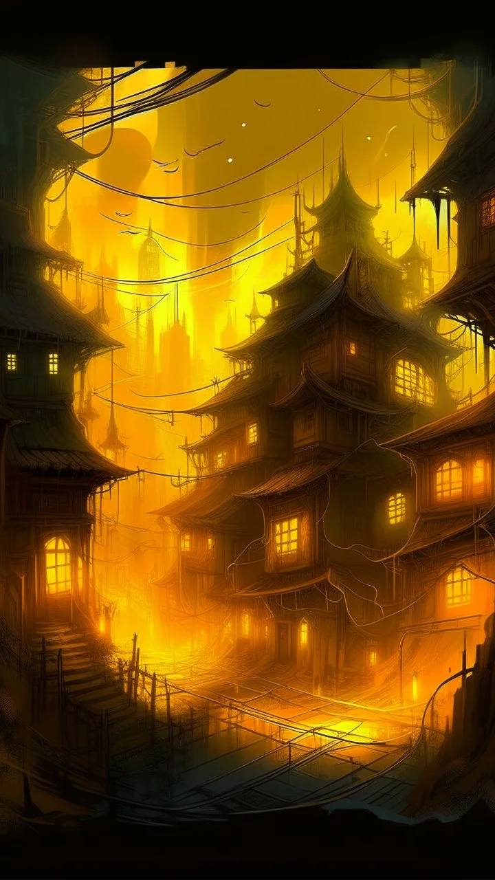 A yellow spooky haunted glowing electrical city painted by Qiu Ying