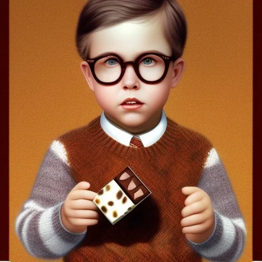 Peter billingsley chubby kid Tortoise-shell glasses, Holding a ((dark red soap bar)) in his hand, brown argyle sweater