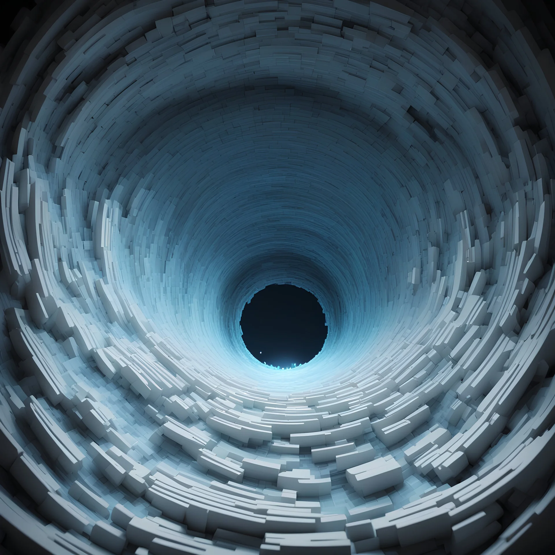 Knight's Ashes black hole a swirling mass of ghostly white and eerie light-blue with the screaming of knights heard within, in voxel art style