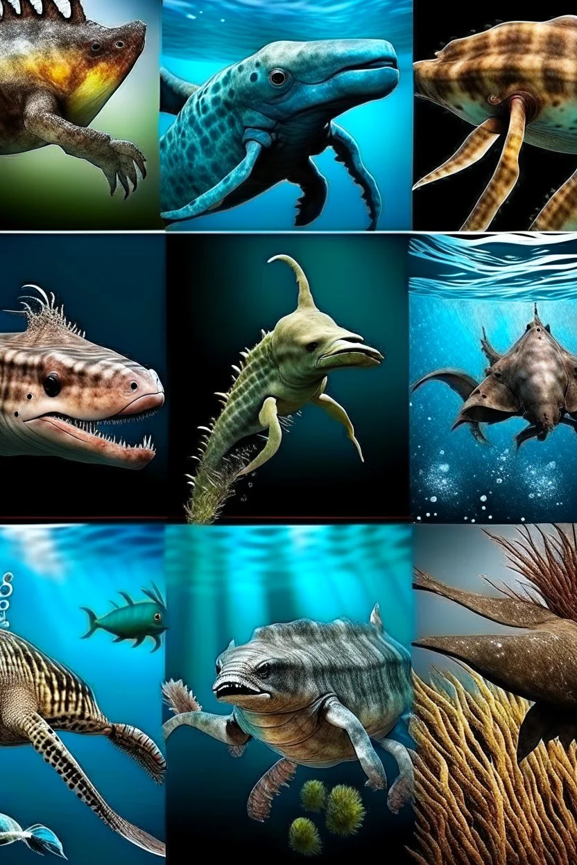 different variations of marine animals montage science book style