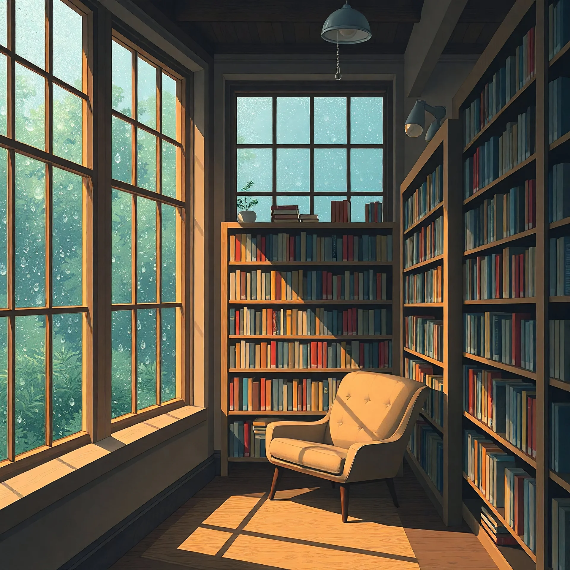 A cozy library scene with rain falling outside the windows, bookshelves filled with books, a comfortable reading nook with a soft chair, and warm lighting creating a peaceful atmosphere.