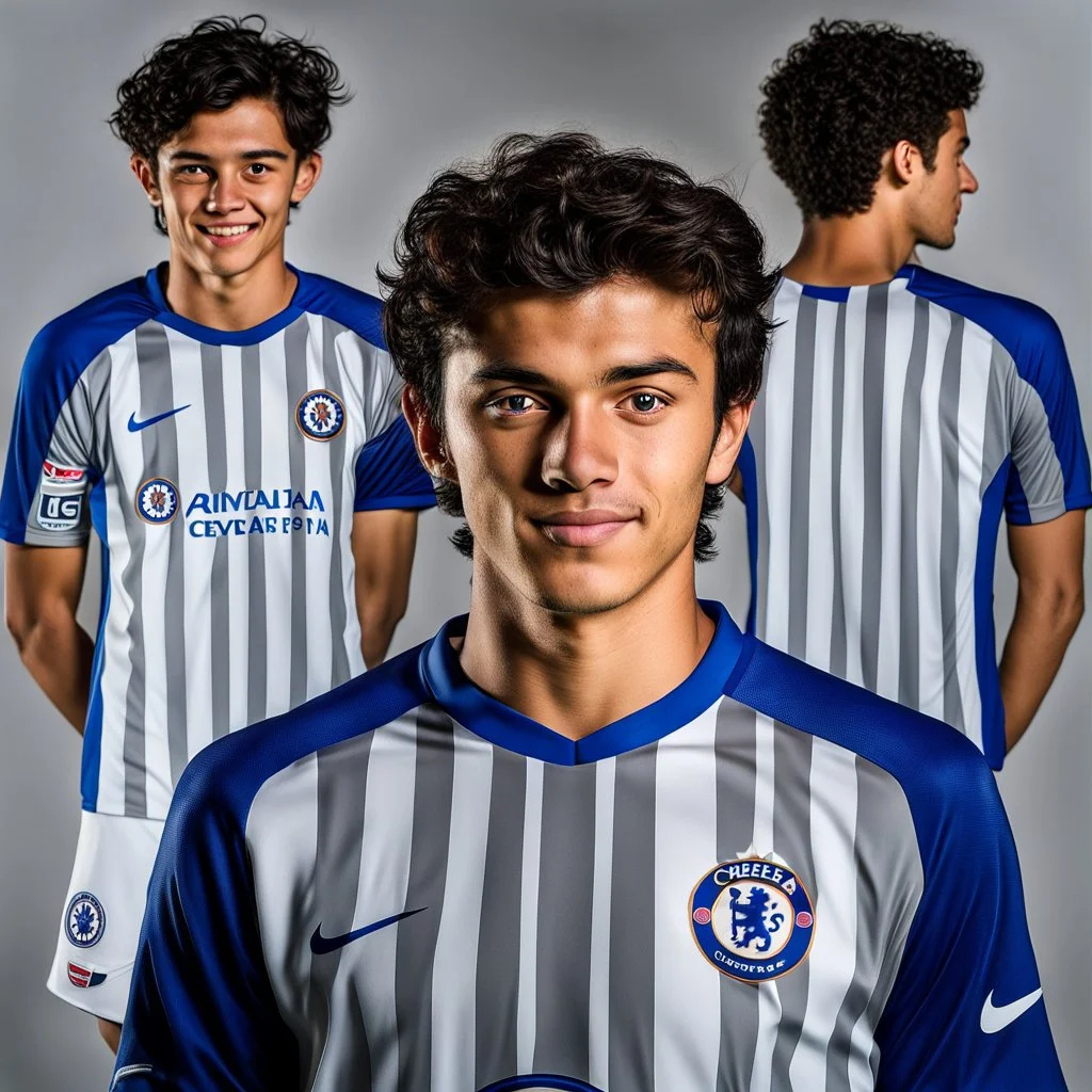 85mm DSLR color photography of a very detailed headshot fitting all of head and hair in frame. 20-year-old Uruguayan soccer player, and with no facial hair and has no facial hair, has short and black hair with a small smile, grey background is in a Chelsea fc shirt