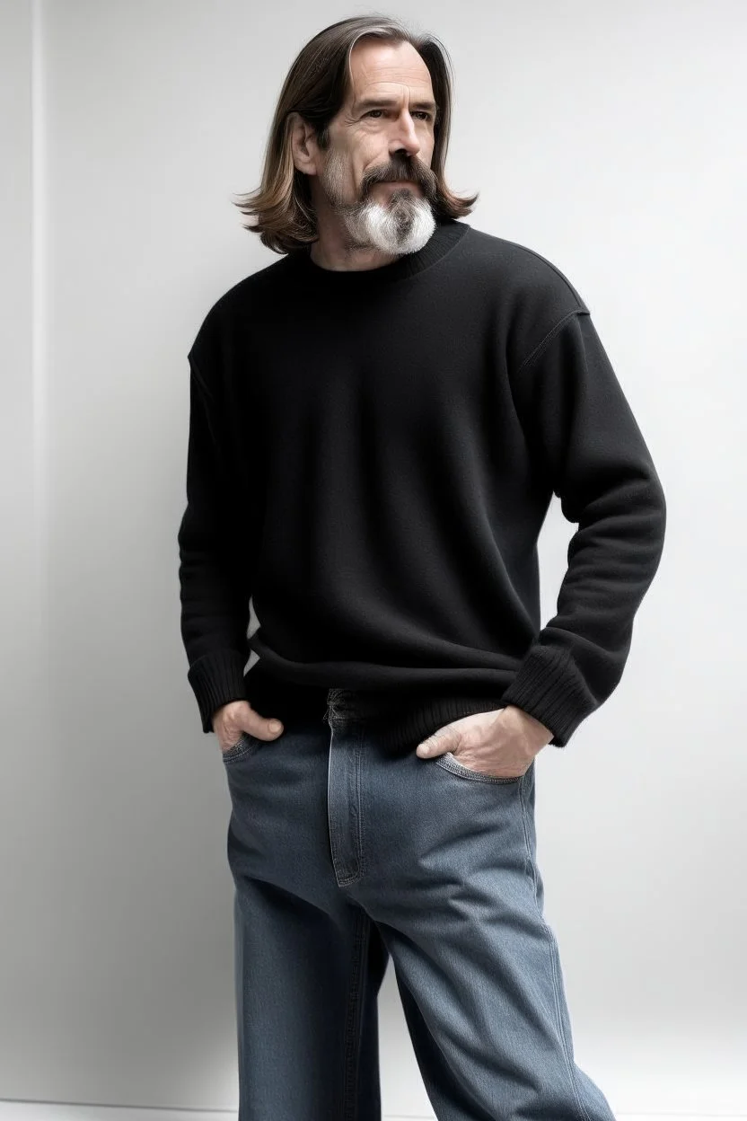 Man's wide leg light jeans and a short black wrapped knitted jumper on a white t-shirt