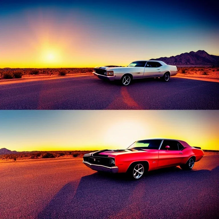 muscle car, married couple driving, desert road, sunset, full colour,