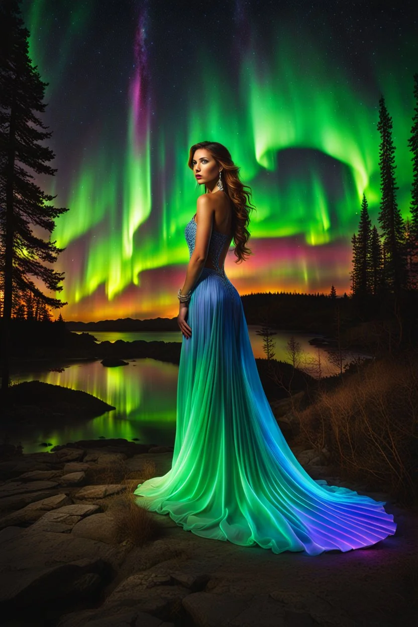 A stunning full body photo of a woman made of aurora borealis, glowing, nene thomas, volumetric atmosphere, best quality, sharp focus, highres, vibrant intricate, insanely detailed, breathtaking, precise lineart, comprehensive cinematic, max detail, 4k uhd, digital art, adward winning, trending on artstation, dynamic pose