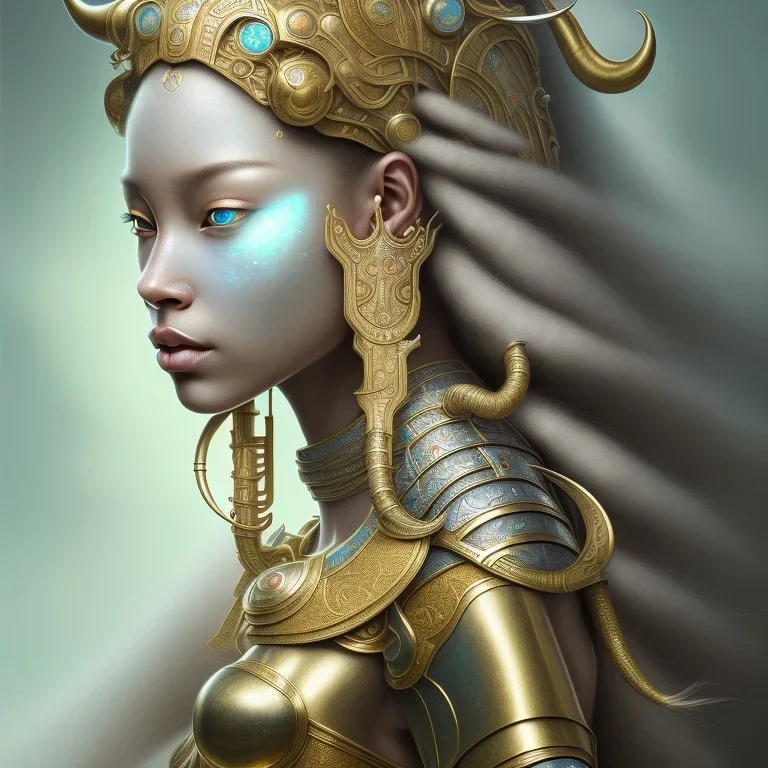 Sango fantasy, fantasy magic, intricate, sharp focus, illustration, highly detailed, digital painting, concept art, matte, art germ and Paul Lewin and Kehinde Wiley, masterpiece silver elephant head bronze Asian African girl nice breast Hawaiian hair turquoise golden waves