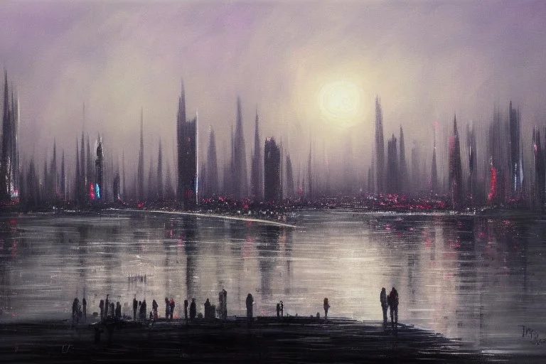 Futuristic city, people, lake, sci-fi, epic, philip wilson steer influence, hd, realistic painting