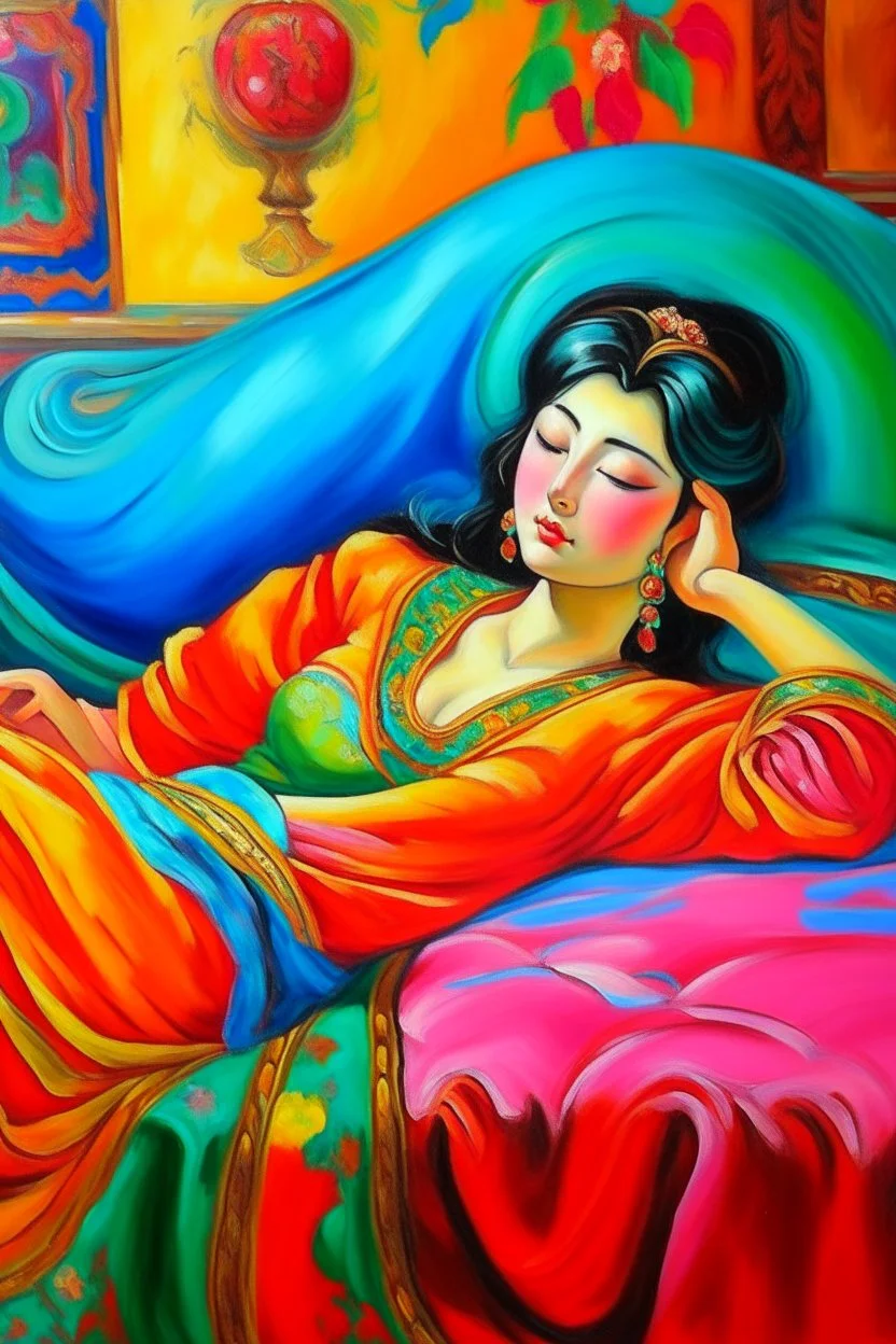 oriental woman lying on a pillow painting neoclassism bright colors