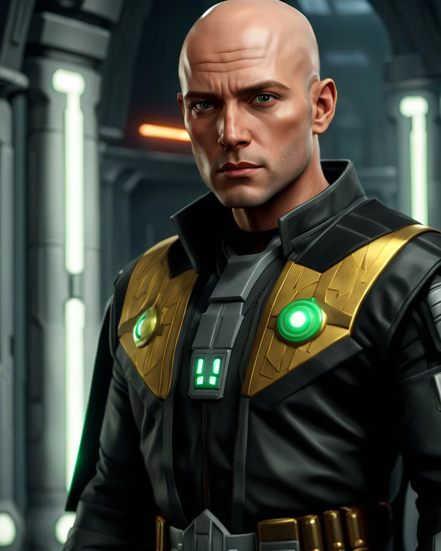 star wars bald male corellian jedi pilot wearing black and gunmetal grey old republic armored robes with gold trim inside the jedi temple holding a lightsaber with viridian green blade in left hand, centered head and shoulders portrait, hyperdetailed, dynamic lighting, hyperdetailed background, 8k resolution, volumetric lighting, light skin, fully symmetric details