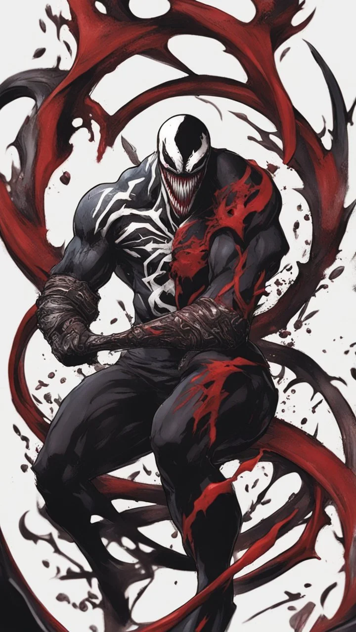 A close picture of Venom symbiote with kratos red tattoos and Clothes, holding blade of choice