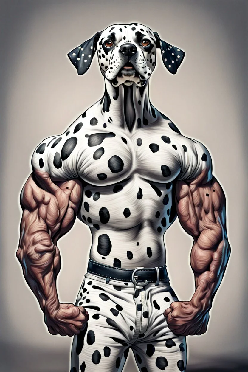 Dalmation with human face and big muscular arms